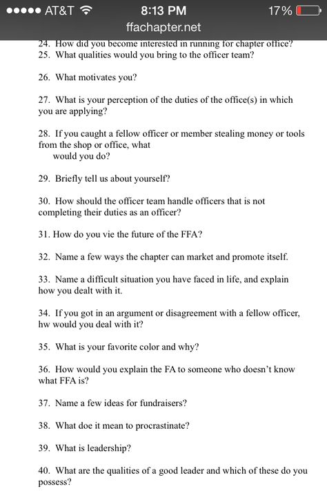 FFA sample leadership officer interview questions Ffa Officer Speech Ideas, Ffa Chapter Meeting Activities, Ffa Officer Retreat, Business Interview Questions, Feminine Etiquette, Ffa Activities, Ffa Fundraiser, Ffa Creed, Showing Pigs