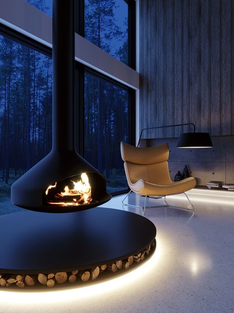 House in the woods on Behance Suspended Fireplace, Expensive Decor, Top Furniture, Home Decor Online, Bed Sets, Fireplace Design, Metal Homes, Best Interior Design, House In The Woods