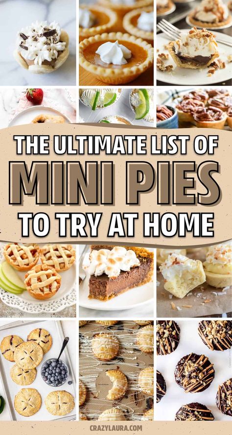 If you want all the delicious flavor of your favorite pie but want to make them into small single serve portions, check out these super tasty and creative mini pie recipe ideas and tutorials! Assorted Mini Pies, Mini Pie Recipe, Muffin Tin Desserts, Pies For Thanksgiving, Pastry Treats, Mini Pie Maker, Mini Pie Crust, Mini Pie Recipes, Pastry Ideas