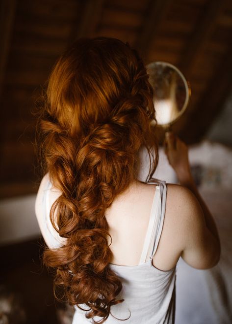 Milkmaid Braid Wedding Hair, Celtic Wedding Braids, Loose Braid With Flowers, Curly Hair Loose Braid, Down Braid Wedding Hair, Curly Wedding Braid, Loose Crown Braid, Wedding Braid Flowers, Wedding Long Braid