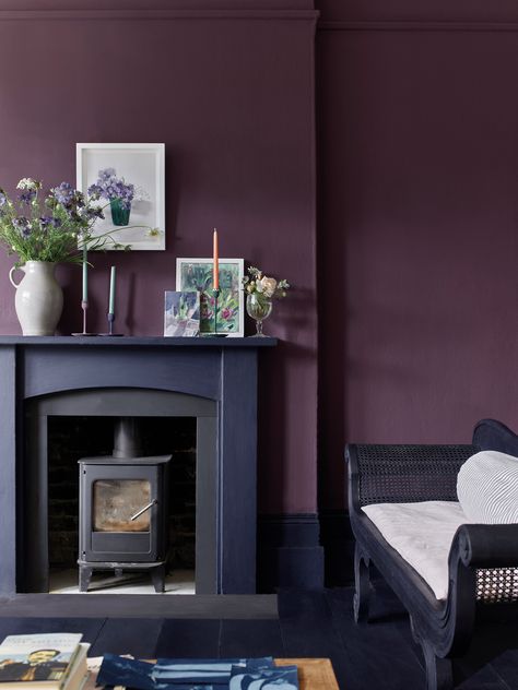 Annie Sloan Wall Paint in Tyrian plum on the walls, fire surround painted in Oxford Navy Chalk Paint. Plum Living Room, Dark Purple Wall, Purple Wall Paint, Plum Bedroom, Popular Living Room Colors, Plum Wall, Plum Walls, Dark Living Room Ideas, Red Elements