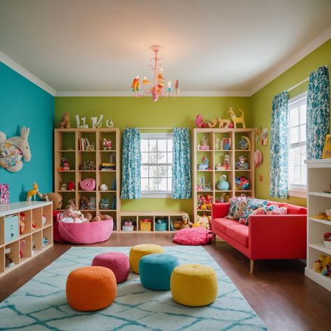 Playroom Color Scheme, Playroom Colorful, Fun Playroom Ideas, Bright Playroom, Fun Color Palette, Fun Playroom, Nursery Nook, Play Corner, Colorful Playroom