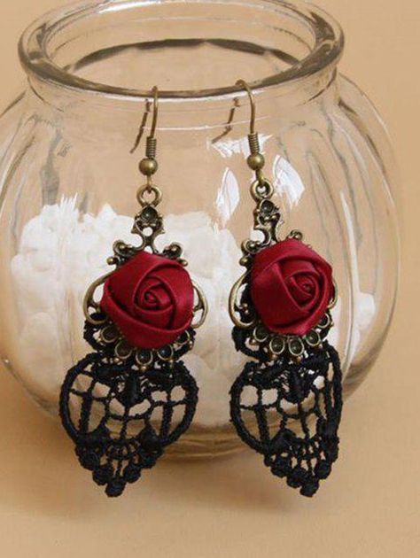 Black Lace Choker, Goth Earrings, Gothic Rose, Earrings Handmade Dangle, Lace Earrings, 3d Rose, Retro Earring, Satin Roses, Prom Jewelry