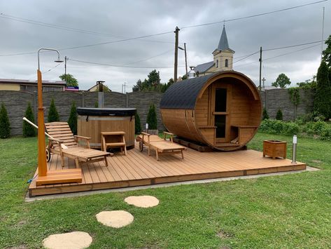 Akka 280 Set with Kirami hot tub Garden Sauna And Hot Tub, Nordic Hot Tub, Hot Tub Sauna Combo, Spa Decking Ideas, Hot Tub Sauna Outdoor, Barrel Sauna Backyard, Sauna And Hot Tub Outdoor, Barrel Sauna Landscaping, Sauna Hot Tub Combo Outdoor