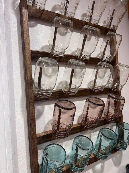 Mason Jar Storage and Display Rack, Wood Wall Rack, Glass Storage, Wood Kitchen Organizer, Mason Glass - Etsy Mason Jar Storage Shelves, Vintage Mason Jars Display, Mason Jar Hacks, Mason Jar Rack, Mason Jar Shelf, Repurposed Doors, Canning Jar Storage, Mason Jar Glasses, Mason Jar Storage