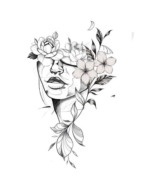 Lion Woman Tattoo Design, Woman’s Face With Flowers Tattoo, Face Of Woman Tattoo, Head And Flower Tattoo, Tattoo Of Faces Woman, Tattoos Of Faces For Women, Woman Face Flower Tattoo, Women Faces Tattoos, Face Women Tattoo