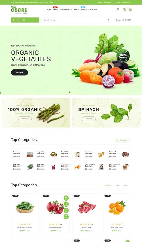 Grocery and Organic Food Shop HTML Template Grocery Store Website Design, Grocery Store Website, Grocery Website, Organic Food Shop, Spinach Healthy, Grocery Store Design, Fresh Milk, Green Vegetables, Food Categories