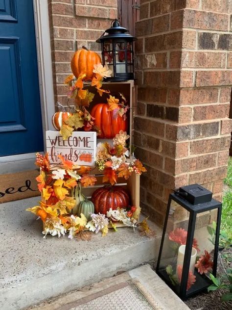 50+ Dollar Store Thanksgiving Decorations on a Budget - Holidappy Fall Harvest Porch Decor, Autumnal Porch Decor, Fall Themed Porch Decor, Autumn Welcome Sign Front Door, Harvest Front Porch Decorations, Autumn Decorating Front Porch, Outside Porch Fall Decor, Fall Decor For Doorways, Autumn Lantern Decor