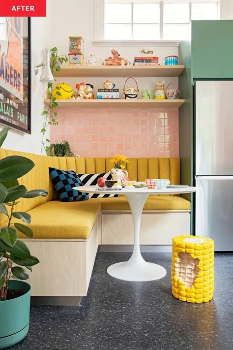 House Inspiration Colorful, Bright Kitchen Tiles, Funky Home Decor Bohemian, Colorful Small Kitchen Ideas, Color Pop Kitchen, Yellow Pink Kitchen, Colorful Minimalist Kitchen, Retro Kitchen Tiles, Retro Kitchen Flooring Ideas