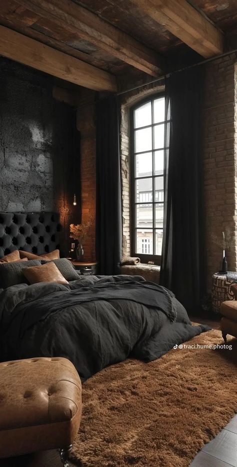 Chocolate Brown Bedrooms, Brown Bedrooms, Chocolate Bedroom, Industrial Style Bedroom, Western Rooms, Masculine Bedroom, Mens Bedroom, Brown Bedroom, Master Bedrooms Decor