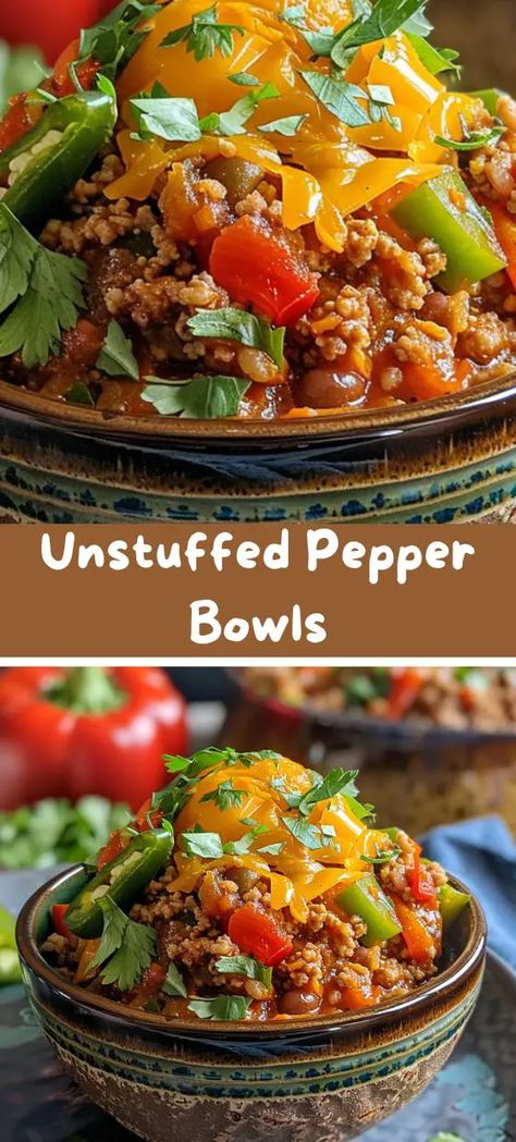 Unstuffed Pepper Bowls Ground Turkey And Bell Peppers, Crockpot Bell Pepper Recipes, Stuffed Pepper Bowl, Low Calorie Stuffed Peppers, Whole 30 Stuffed Peppers, Unstuffed Pepper Bowls, Stuffed Bell Peppers Ground Beef, Weekend Recipes Dinner, Green Pepper Recipes