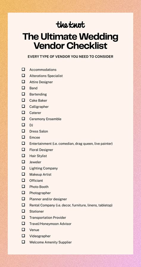 We're diving into all the categories of vendors needed for wedding planning so you can craft a list of wedding vendors for your specific needs and priorities. Consider this your ultimate wedding vendor list template. Then head over to The Knot Vendor Marketplace to find and book your wedding team. When To Book Wedding Vendors, List Of Wedding Signs Needed, Wedding Vendor Ideas, Vendor List Template, Vendor Checklist, Complete Wedding Planning Checklist, Wedding Vendor List, Wedding Vendors Checklist, Moh Duties