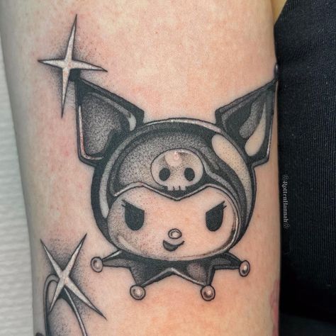 Sanrio Sleeve Tattoo, Kuromi Tattoo Design, Kuromi Tattoo Aesthetic, Tattoos After Pregnancy, Kuromi Tattoo, Sanrio Tattoos, Karma Tattoo, Hello Kitty Tattoos, Sigil Tattoo