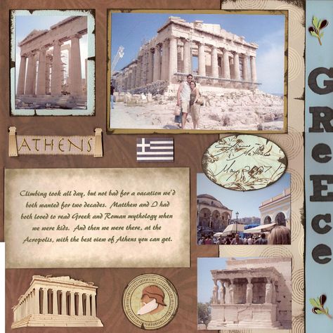 Greece Scrapbook Layouts, Greece Scrapbook Ideas, Travel Scrapbook Layouts, Greece Scrapbook, Italy Scrapbooking, Europe Scrapbook, Scrapbook Examples, Scrapbooking Layouts Travel, Cruise Scrapbook