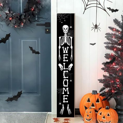 PRICES MAY VARY. UNIQUE HALLOWEEN FLAIR: Adorn your exterior with the Skull Welcome porch sign, Our Halloween Skull porch sign creates a spooky and amusing atmosphere for children. Perfect for decorating your home and yard, it also makes an excellent gift for family and friends who love Halloween. Premium Material: This Halloween porch sign is made of high-quality wood board, a Halloween welcome sign, fine workmanship, non-toxic, not easy to fade or break for indoor or outdoor use, or can be hun Porch Halloween Decorations, Signs For Halloween, Halloween Welcome Sign, Halloween Porch Sign, Halloween Front Doors, Porch Decorations, Door Porch, Porch Welcome Sign, Halloween Porch Decorations