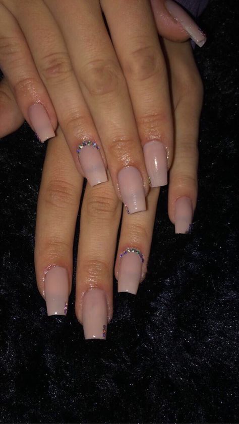 Solid Color Acrylic Nails With Gems, Nails W Rhinestones Simple, Nails To Go With Pink Prom Dress, Pink Acrylic Nails With Rhinestones Simple, Nail Stone Design Rhinestones Simple, Soft Pink Nails With Rhinestones, Plain Gem Nails, Plain Pink Nails With Gems, Plain Pink Nails With Rhinestones