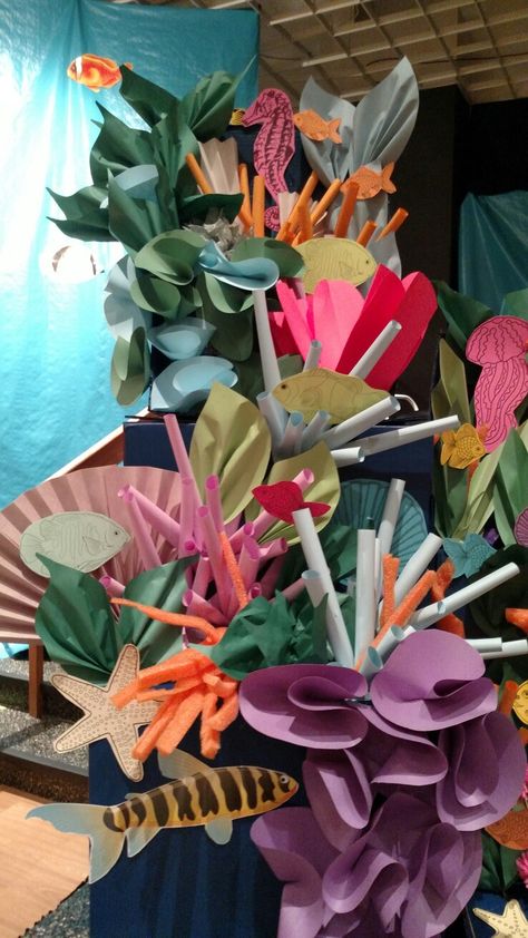 Deep Sea Discovery Ocean themed VBS decorations. Mostly just paper and a cardboard box. Coral reef.... Ocean Vbs, Underwater Party, Vbs Decorations, Under The Sea Decorations, Ocean Party, Sea Birthday Party, Sea Decor, Under The Sea Theme, Sea Birthday