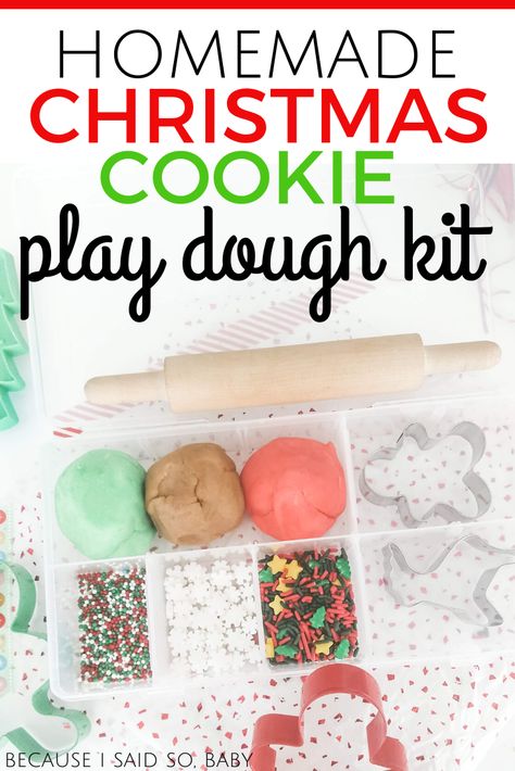 Homemade Christmas Play Dough Kit | This easy DIY play dough kit makes the perfect homemade gift this Christmas. Toddlers, preschoolers and big kids will LOVE playing with this Christmas Cookie themed play dough kit! Get my recipe for the BEST homemade play dough and the instructions for assembling this homemade play dough kit! #homemade #holidays #christmas #playdough #playdoh #kit #diy #easy #howto #hanukkah #season #giftideas #toddler #preschooler  via @becausebaby Playdough Kits Diy, Diy Playdoh Kits, Christmas Cookie Sensory Bin, Diy Christmas Playdough Kits, Diy Playdough Kit, Christmas Playdough Kit, Build A Snowman Playdough Kit, Gingerbread Playdough Kit, Christmas Play Doh Kit