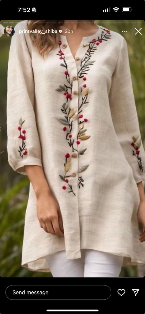 Tunic And Pants, Clothes Embroidery Diy, Simple Hand Embroidery Patterns, Hand Embroidery Dress, Kurti Embroidery Design, Dress Design Patterns, Embroidery Neck Designs, Kurta Designs Women, Embroidery Suits Design