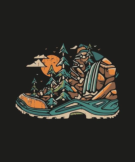 Vector illustration of camping boot made... | Premium Vector #Freepik #vector #mountain #mountain-hiking #hiker-silhouette #hiking-boots Hiking Images Adventure, Trail Running Illustration, Hiking Boots Illustration, Hiking Boot Tattoo, Hiking Boots Aesthetic, Outdoors Illustration, Hike Illustration, Hiking Clipart, Hiking Illustration