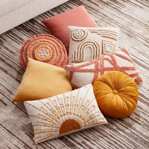 Tufted Embellished Sunrise Lumbar Pillow | World Market Boho Room Pillows, Bedroom Accessories Decor Luxury, Boho Bed Throw Pillows, Boho With Pink Accents, Yellow And Coral Bedroom, Modern Boho Throw Pillows, Throw Pillow Ideas For Bed, Boho Hotel Room Interior Design, Boho Throw Pillows Bedroom