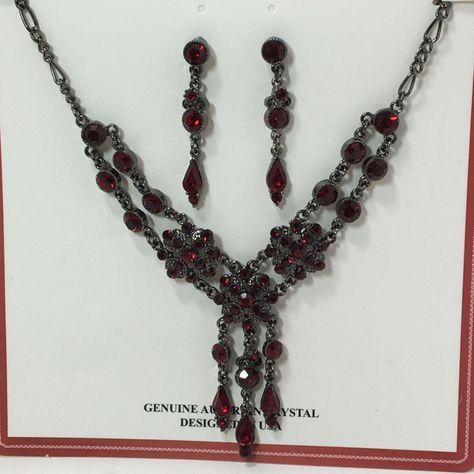 Genuine Red Austrian Crystal Triple Dangle Necklace Earring Set Gothic New Made In The Usa Lot# 16 Or Genuine Light Blue Austrian Crystal Triple Dangle Necklace Earring Set New Lot 20 Red Necklace And Earring Set, Red Crystal Earrings, Goth Prom Jewelry, 1800 Jewelry, Red And Silver Jewelry, Dark Red Jewelry, Black And Red Necklace, Ruby Necklace Set, Burgundy Jewelry