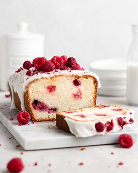 Raspberry Rose Yogurt Loaf Cake Yogurt Loaf Cake, Raspberry Rose, Summer Baking, Fresh Raspberries, Freeze Dried Strawberries, Dried Strawberries, Valentines Food, Loaf Cake, Food Cakes