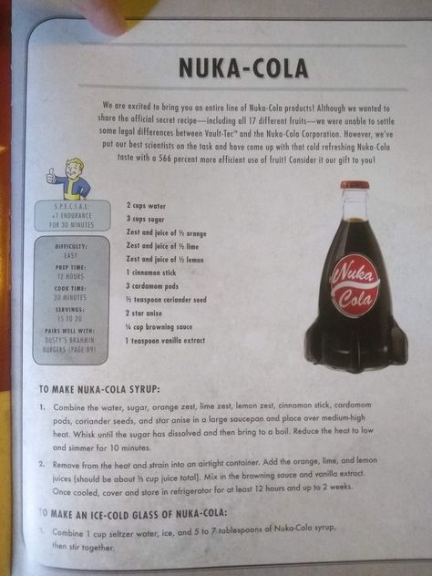 Nuke Cola Fallout, Fallout 4 Recipes, Fallout Cookbook Recipes, Fallout Themed Party Food, Fallout Cookbook, Fallout Recipes, Fallout Food, Nuka Cola Recipe, Fallout Birthday