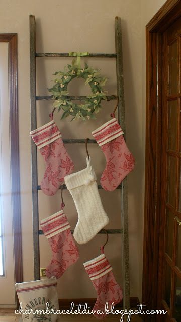 How To Display Stockings With No Fireplace, Large Family Stocking Hanging Ideas, Christmas Stocking Hangers Diy, Christmas Stocking Ladder Ideas, Hanging Christmas Stocking Ideas, Hang Christmas Stockings Without Mantle, Stocking Ladder Christmas, Hanging Stockings Without A Mantle, Stockings On Ladder