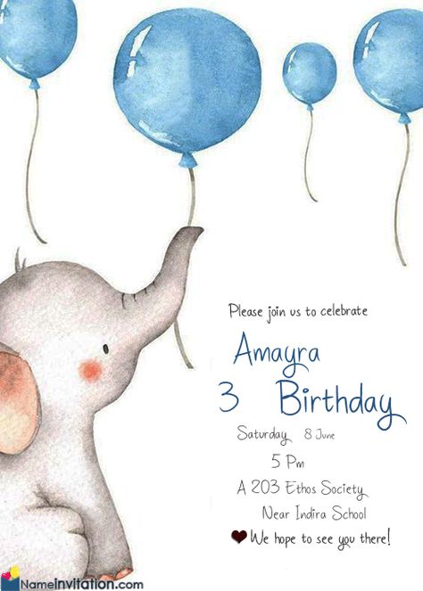 Amayra Name Picture - Cute 1st Birthday Invitation Card With Name Edit Elephant Theme Birthday Party, Baby Shower Garcon, Elephant Birthday Party, Elephant First Birthday, Balloon Invitation, Elephant Baby Shower Theme, 1st Birthday Party Invitations, Elephant Birthday, Elephant Baby Shower Invitations