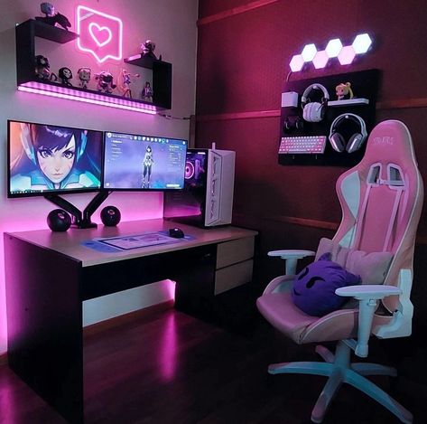 Aesthetic Gaming Setup, Aesthetic Gaming, Small Game Rooms, Gamer Bedroom, Gaming Setup Ideas, Night Table Lamps, Video Game Room Design, Setup Gaming, Gaming Room Setup