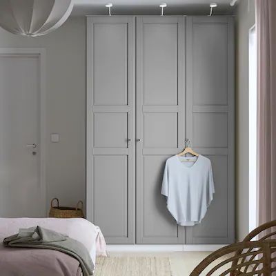 Ikea Pax Closet Bedroom, Grey Wardrobe Bedroom, Ikea Fitted Wardrobes, Ikea Tyssedal, Ikea Pax Doors, Ikea Wardrobe Hack, Ikea Pax Closet, Grey Wardrobe, Ikea Wardrobe