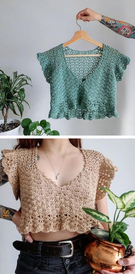 Crochet Top Patterns For Beginners, Easy Crochet Top, Modern Haken, Crochet Crop Top Pattern, Mode Crochet, Crochet Ladies Tops, Diy Vetement, Crochet Tops Free Patterns, Crochet Summer Tops