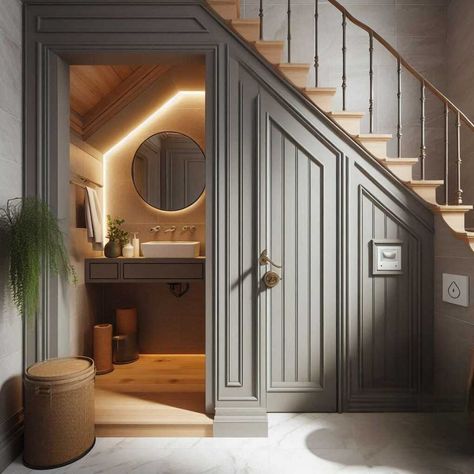 28 Powder Room Under Stairs Design Ideas » HomeDecorFull Staircase Toilet Bathroom Under Stairs, Powder Bath Under Staircase, Stairs With Bathroom Underneath, Small Wc Under Stairs, Under Stairs Wet Room, Water Closet Under Stairs, Under Stair Powder Room Ideas, Half Wall Basement Stairs, Utilize Space Under Stairs