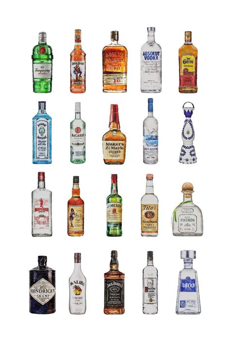 This watercolor rendering of classic and recognizable alcohol bottles is perfect for the well-rounded cocktail lover. Iconic bottles of gin, whiskey, vodka, rum, and tequila make this the perfect poster or canvas for a bar, lounge, man cave, kitchen, dorm room, living room, or office. Perfect gift for the bar aficionado in your life. #Whiskey #Vodka #Tequila #Rum #Gin #Alcohol #Drinks #Gifts #Poster #Cocktails #Drinks #Cheers Cool Alcohol Bottles, Alcohol Bottle Painting, Alcohol Bottles Aesthetic, Vodka Bottle Painting, Alcohol Bottle Drawing, Vodka Drawing, Liquor Bottle Drawing, Alcohol Art Bottle, Alcohol Bottle Art