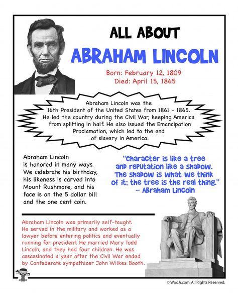 Abraham Lincoln Printables | Woo! Jr. Kids Activities Abraham Lincoln For Kids, Abraham Lincoln Activities, Abraham Lincoln Facts, Abraham Lincoln Biography, 5th Grade Worksheets, American History Lessons, Social Studies Worksheets, History Projects, Fact Sheet