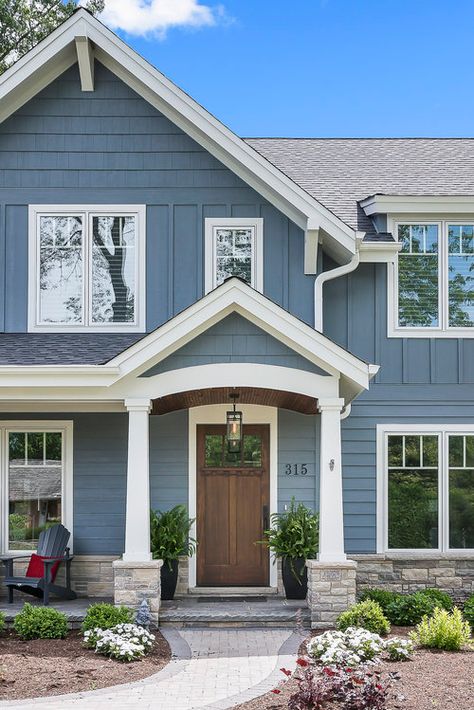 Blue Exterior House Colors, Board Batten Siding, Light Blue Houses, Grey Exterior House Colors, Blue Siding, Board And Batten Exterior, Transitional Exterior, Lake Houses Exterior, Exterior Home Design