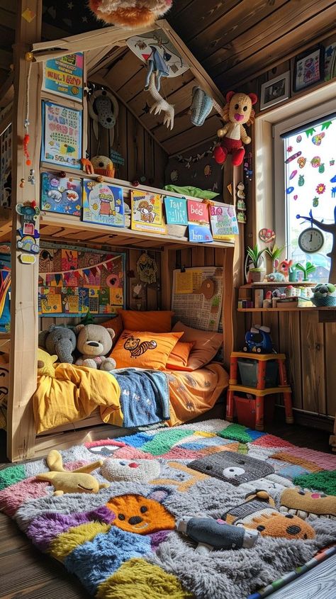 Colorful children's bedroom with wooden bunk bed, stuffed animals, and playful decor for a fun and imaginative space for kids. Stuffed Animal Storage Ideas For Adults, House Bed Kids Room, Stuffed Animal Play Ideas, Colorful Childrens Room, Stuffed Animals Aesthetic Bedroom, Multiple Kids Bedroom, Children’s Bedroom, Cozy Bunk Bed, Cozy Kids Bedroom