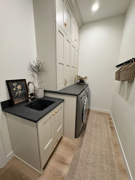 Beige Laundry Room, Sw Accessible Beige, Cabinets Laundry Room, Plumbing Rough In, Polished Nickel Faucet, Above The Sink, Narrow Rooms, Black Counters, Accessible Beige