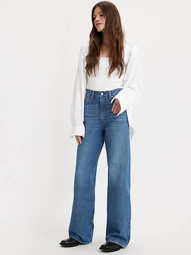 Ribcage Wide Leg Women's Jeans - Medium Wash | Levi's® US High Rise Wide Leg Jeans Outfit, Levi High Waisted Jeans, Skin Tight Pants, Levi's Ribcage, Ribcage Jeans, Classic Wear, Group Project, Purple Jeans, Boden Women