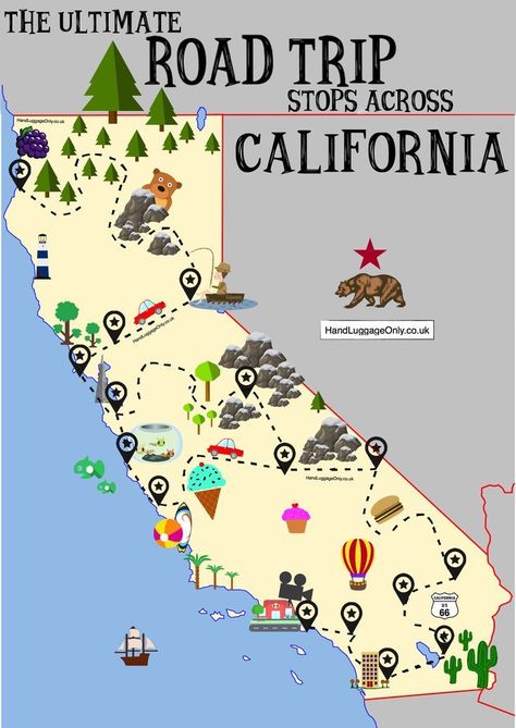 The Ultimate Road Trip Map Of Places To See In California #california #roadtrip #tips Road Trip Stops, California Roadtrip, Road Trip Map, Ultimate Road Trip, West Coast Road Trip, Camping Places, California Vacation, Us Road Trip, California Map