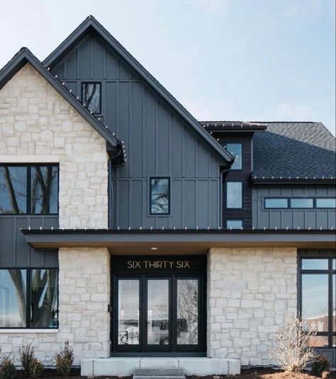 Sherwin Williams Iron Ore, Iron Ore Sherwin Williams, Casa Country, Iron Ore, Modern Farmhouse Exterior, Casa Exterior, Exterior Stone, Black House Exterior, Farmhouse Exterior