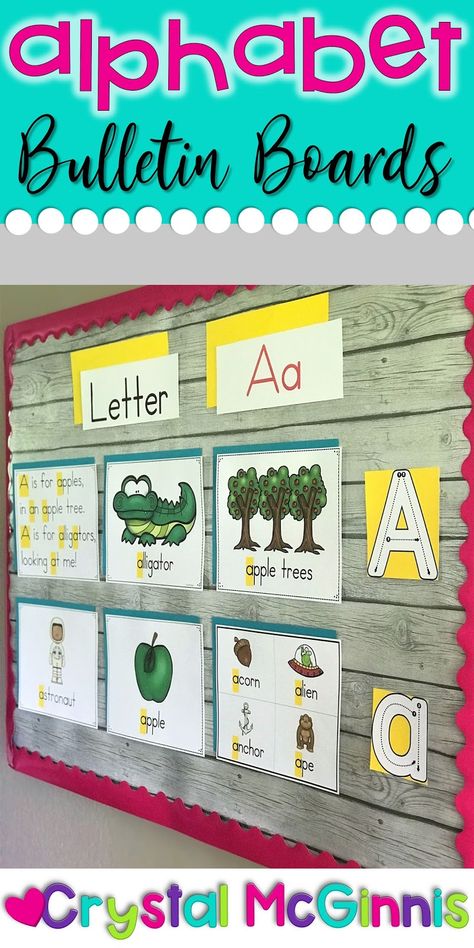 Use alphabet bulletin boards in your preschool, kindergarten, or first grade classroom. Each bulletin board set comes with an alphabet poem, alphabet picture cards, and alphabet formation cards. Change the bulletin board out quickly when you change your letter of the week. This set is perfect for alphabet recognition, alphabet practice, alphabet writing, and more. Kindergarten Boards Ideas, What We Are Learning Bulletin Board Preschool, Abc Bulletin Board Ideas Preschool, Preschool August Bulletin Boards, Prek Focus Wall Bulletin Boards, Kindergarten Academic Bulletin Boards, Letter Of The Week Preschool Board, Letter Bulletin Board Ideas, Kindergarten Classroom Pictures