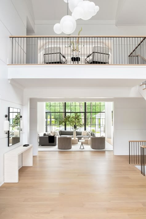 A Contemporary Farmhouse with Design Details at Every Corner | Rue Transitional Entry Way, Small House Decoration, Art Curation, Transitional Entry, Chango & Co, Contemporary Interior Design Ideas, Hall Stairs And Landing, Cold Spring Harbor, Custom Millwork