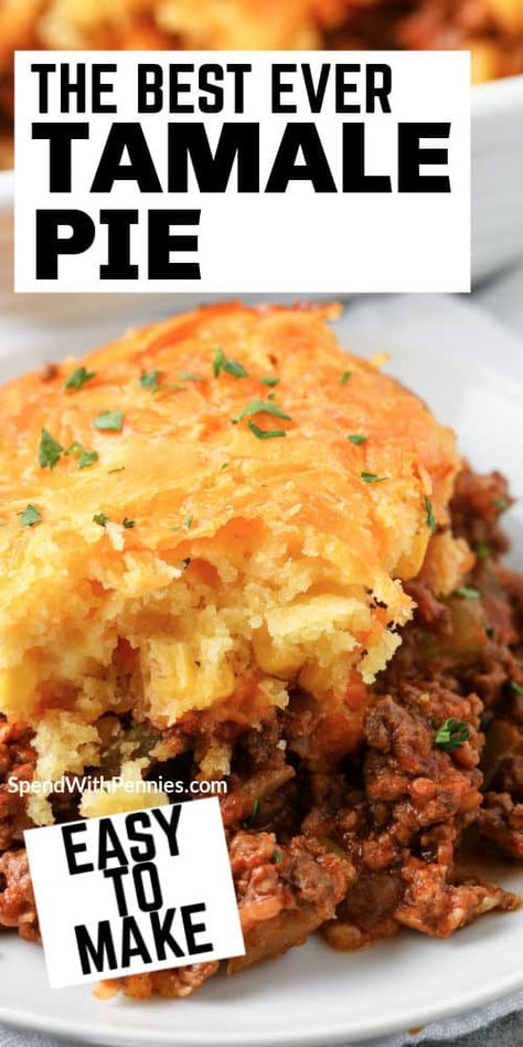 Tamale Pie is a delicious, Tex-Mex casserole full of seasoned beef, cornbread, corn, and cheese. The whole family will love this cheesy dish! #spendwithpennies #tamalepie #recipe #maindish #casserole #easy Cornbread Corn, Corn Cornbread, Cornbread Topping, Tamale Pie Recipe, Authentic Mexican Recipes, Tamale Recipe, Tamale Pie, Zesty Sauce, Casserole Easy