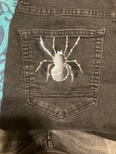 Custom denim Drawing On Shorts, Black Jeans Bleach Art, Hand Painted Jeans Ideas, Custom Shorts Jeans, Spider Web Jeans, Spider Jeans, Paint Clothes, Custom Jeans Diy, Jean Designs