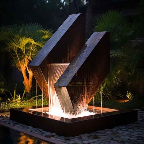 geometric fountain,metal fountain sculpture,outdoor fountain sculpture,outdoor fountain,garden fountain,garden fountain sculpture,geometric sculpture,modern fountain,modern outdoor fountain,fountain sculpture Modern Outdoor Fountain Ideas, Waterfall Landscape Design, Outdoor Fountains Landscape, Pool Statues, Contemporary Fountain, Garden Art Sculptures Statues, Garden Fountain Ideas, Sculpture For Garden, Metal Fountain