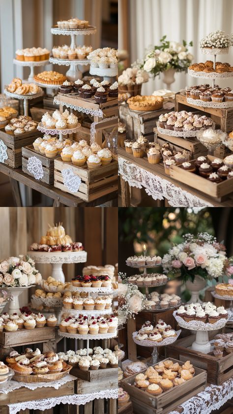 A rustic wedding dessert table beautifully decorated with vintage elements, including wooden crates, lace doilies, and an assortment of delicious treats like cupcakes, pies, and cookies. Rustic Dessert Table Sign, Tuscan Wedding Dessert Table, Dessert Charcuterie Board Ideas Wedding, Mini Pie Dessert Table Wedding, Fall Wedding Treat Table, Cupcakes Table Decoration, Wedding Food Buffet Table Ideas Decor, Pakistani Wedding Dessert Table, Rustic Wedding Cookie Table