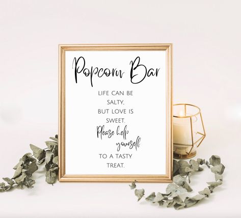 Snack Bar Table, Popcorn Bar Wedding Signs, Wedding Snack Bar, Wedding Popcorn Bar, Popcorn Station, Wedding Snack, Popcorn Bar Sign, Bar Sign Wedding, Popcorn Wedding