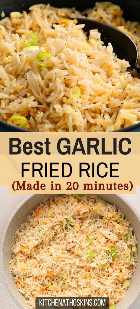 Learn how to make easy garlic fried rice with crispy garlic that tastes like the ones you get in Filipino, Thai or Japanese restaurants. This fried rice recipe is made with leftover white basmati or Jasmine rice and is a garlic lovers dream. Get the best garlic fried rice recipe at kitchenathoskins.com. Easy Garlic Fried Rice, Best Jasmine Rice Recipe, Garlic Chicken Fried Rice, Leftover White Rice Recipes, Cooked Rice Recipes Leftover, Basmati Fried Rice, Garlic Fried Rice Recipe, Instant Rice Recipes, Easy Rice Side Dishes